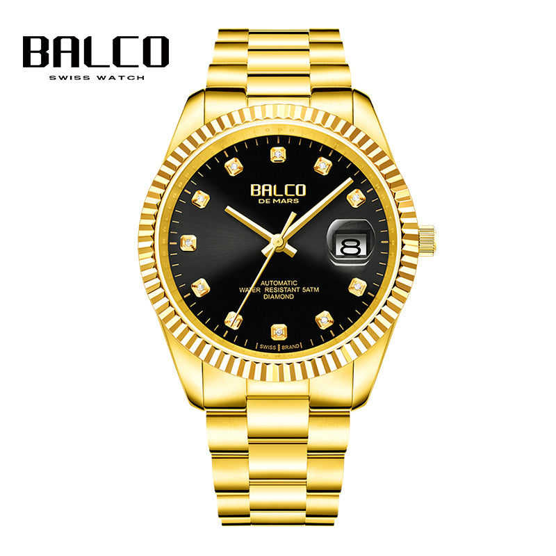 BALCO Gold and Diamond Watch Men's Automatic Watches With 11 Natural Diamond 24K Gold Wristwatch