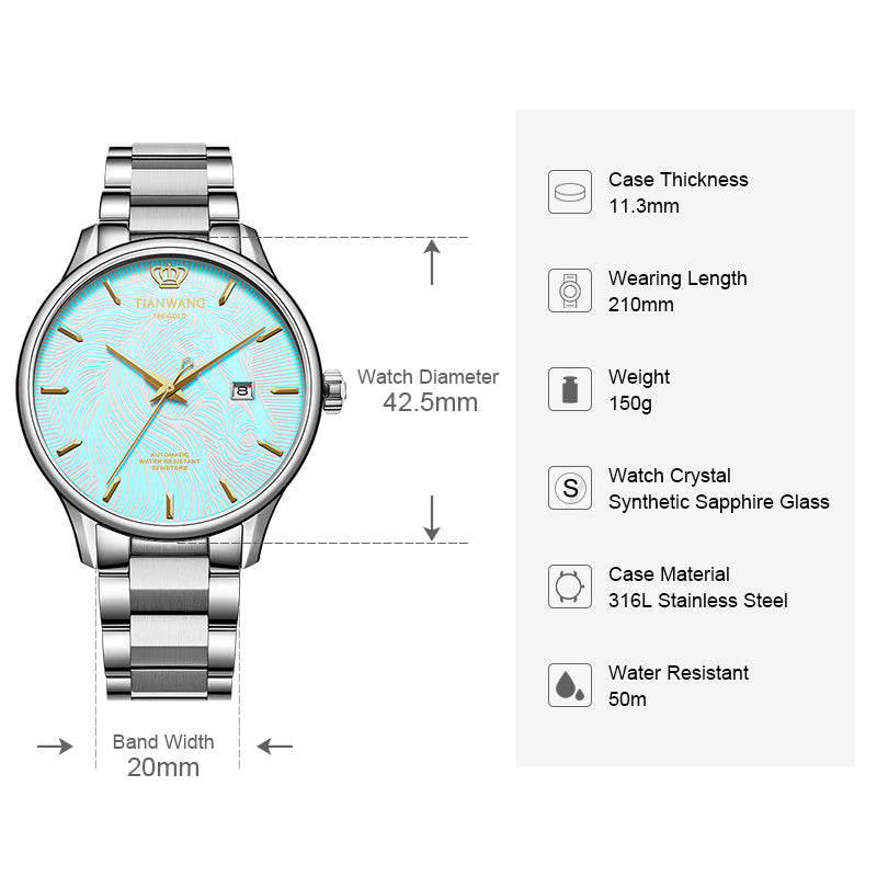 TIAN WANG Men Luminous Watches 18K Gold Logo Chinese Zodiac Mechanical Wristwatches GS51524