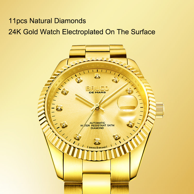 BALCO Gold and Diamond Watch Men's Automatic Watches With 11 Natural Diamond 24K Gold Wristwatch
