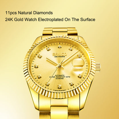 BALCO Gold and Diamond Watch Men's Automatic Watches With 11 Natural Diamond 24K Gold Wristwatch