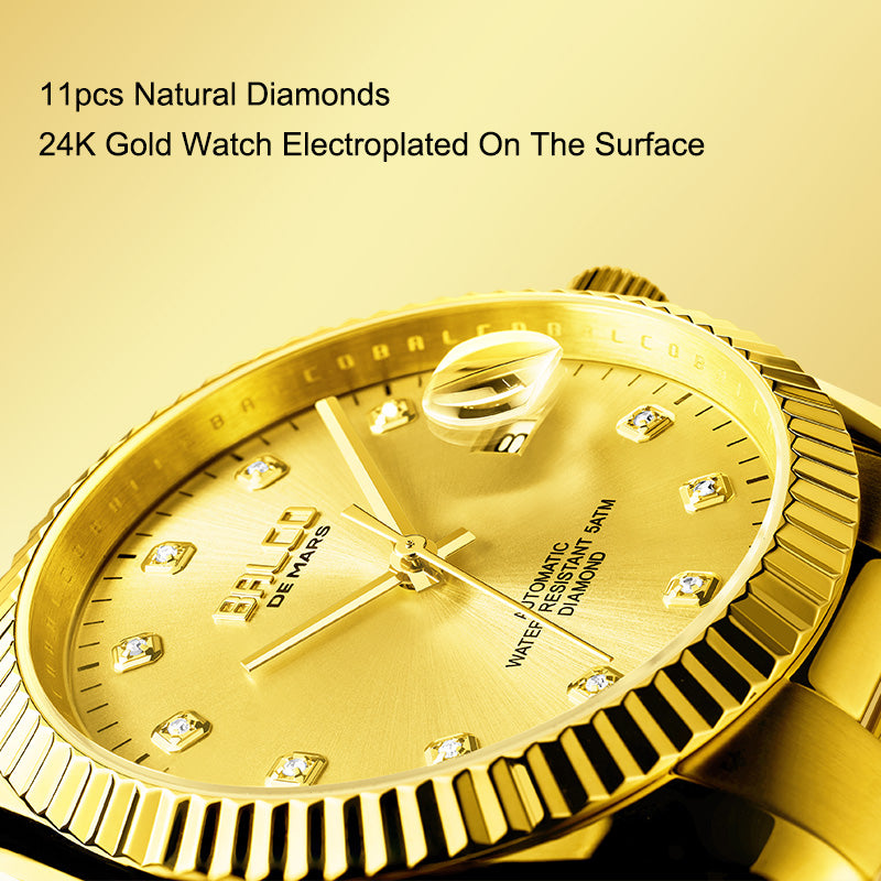 BALCO Gold and Diamond Watch Men's Automatic Watches With 11 Natural Diamond 24K Gold Wristwatch