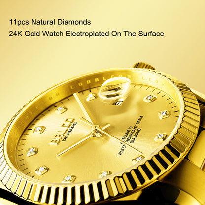 BALCO Gold and Diamond Watch Men's Automatic Watches With 11 Natural Diamond 24K Gold Wristwatch