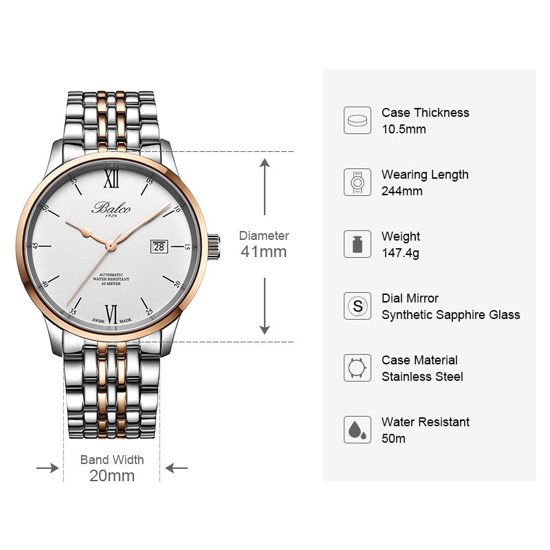 BALCO Men Mechanical Watch Simple Business Steel Wristwatches