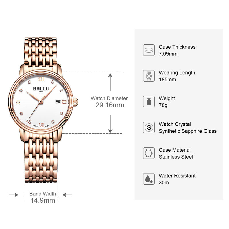 BALCO Women's Quartz Wristwatches-Round,Calendar,Modern Style for Daily Wear