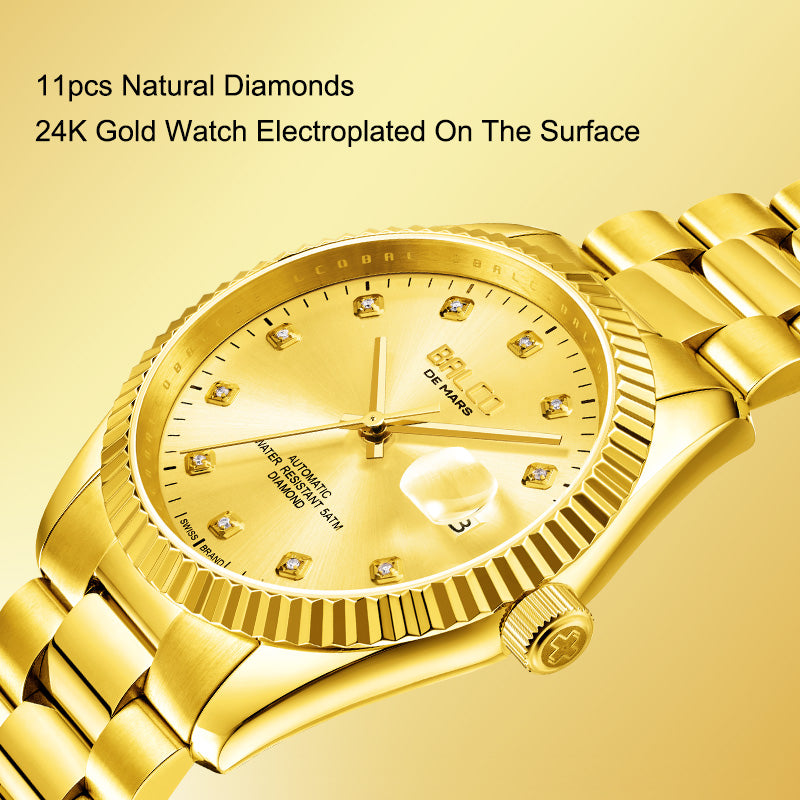 BALCO Gold and Diamond Watch Men's Automatic Watches With 11 Natural Diamond 24K Gold Wristwatch