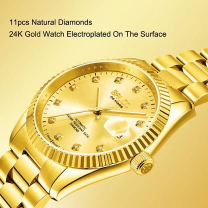 BALCO Gold and Diamond Watch Men's Automatic Watches With 11 Natural Diamond 24K Gold Wristwatch