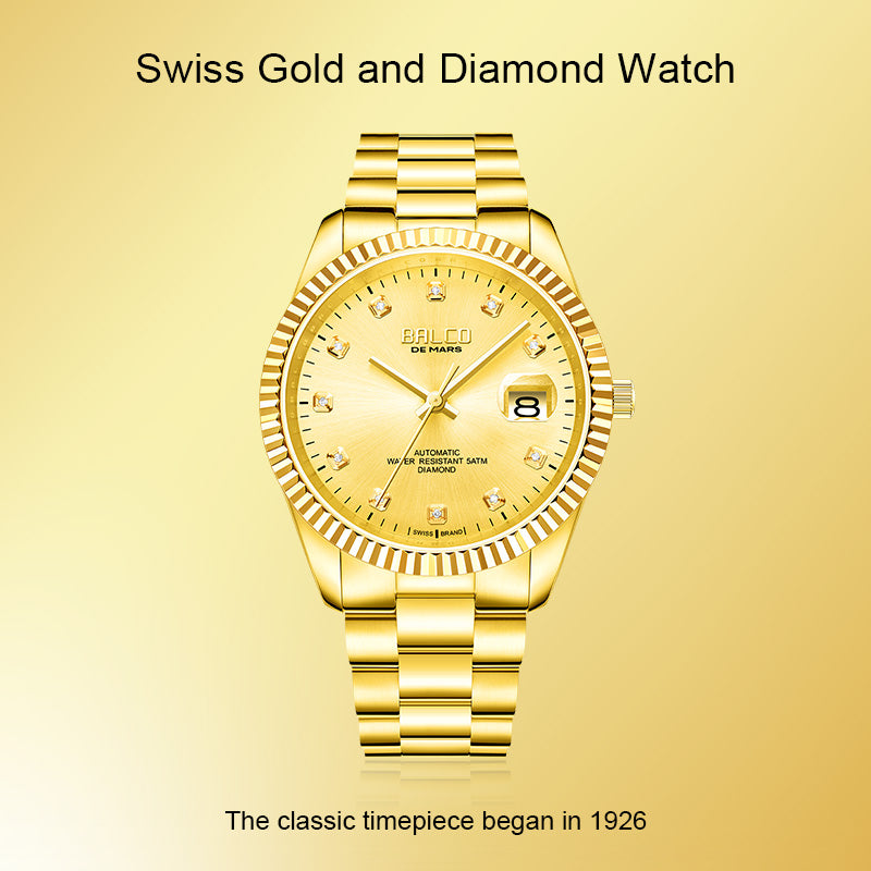 BALCO Gold and Diamond Watch Men's Automatic Watches With 11 Natural Diamond 24K Gold Wristwatch