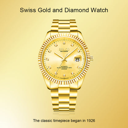 BALCO Gold and Diamond Watch Men's Automatic Watches With 11 Natural Diamond 24K Gold Wristwatch