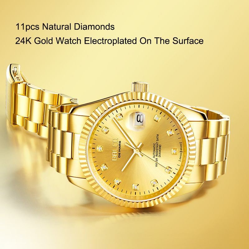 BALCO Gold and Diamond Watch Men's Automatic Watches With 11 Natural Diamond 24K Gold Wristwatch