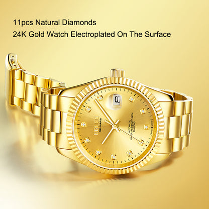 BALCO Gold and Diamond Watch Men's Automatic Watches With 11 Natural Diamond 24K Gold Wristwatch