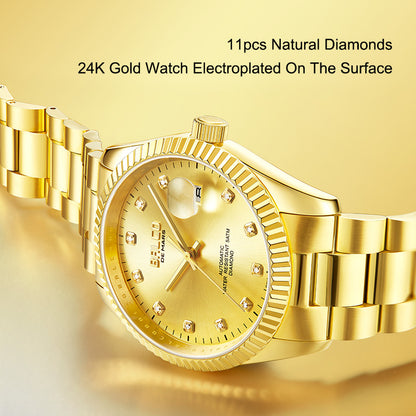 BALCO Gold and Diamond Watch Men's Automatic Watches With 11 Natural Diamond 24K Gold Wristwatch