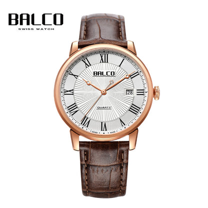 BALCO Quartz Wristwatches-Brown Leather Strap,Calendar,Vintage Style For Men