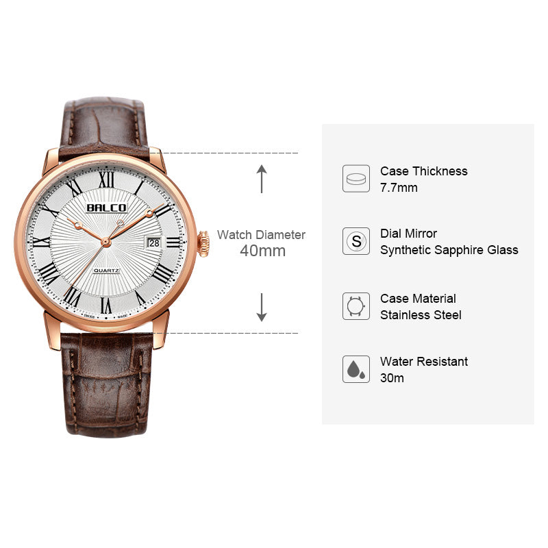 BALCO Quartz Wristwatches-Brown Leather Strap,Calendar,Vintage Style For Men