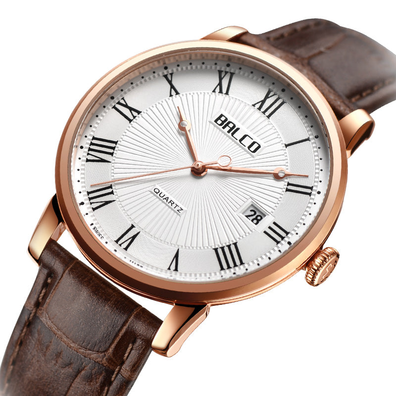 BALCO Quartz Wristwatches-Brown Leather Strap,Calendar,Vintage Style For Men