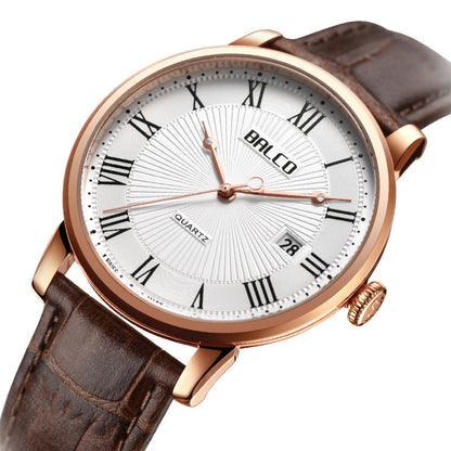 BALCO Quartz Wristwatches-Brown Leather Strap,Calendar,Vintage Style For Men
