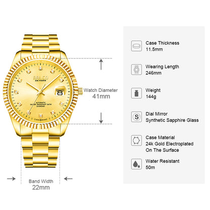 BALCO Gold and Diamond Watch Men's Automatic Watches With 11 Natural Diamond 24K Gold Wristwatch