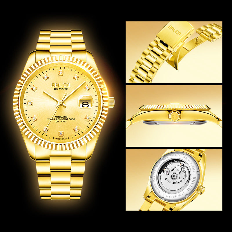 BALCO Gold and Diamond Watch Men's Automatic Watches With 11 Natural Diamond 24K Gold Wristwatch