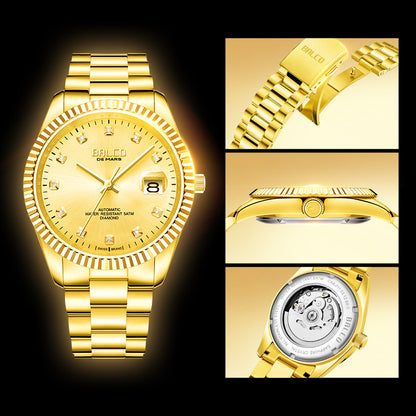 BALCO Gold and Diamond Watch Men's Automatic Watches With 11 Natural Diamond 24K Gold Wristwatch