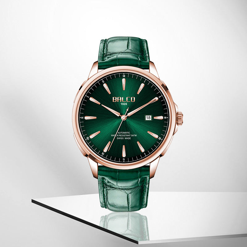 BALCO Men Leather Watches-Green Dial, Calendar Fashion Watch for Work
