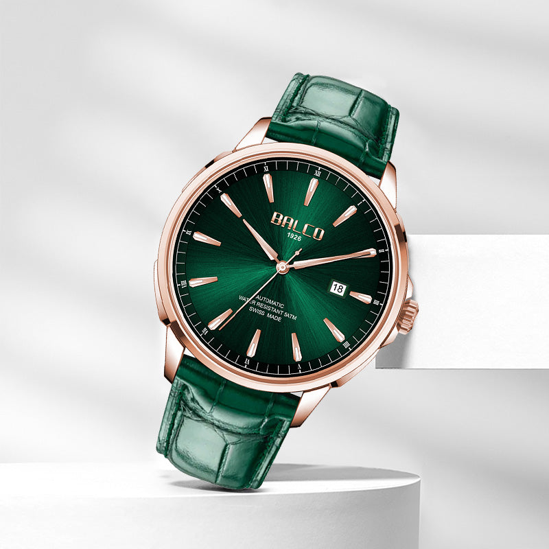 BALCO Men Leather Watches-Green Dial, Calendar Fashion Watch for Work