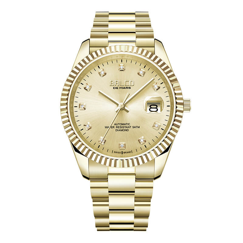 BALCO Gold and Diamond Watch Men's Automatic Watches With 11 Natural Diamond 24K Gold Wristwatch