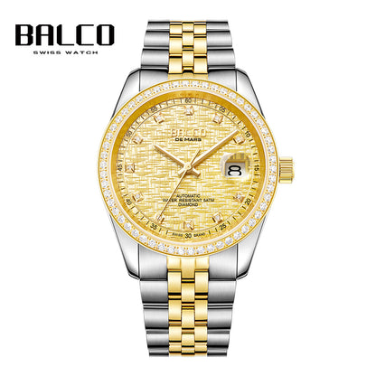 BALCO Gold and Diamond Watch Men's Automatic Watches With 11 Natural Diamond 24K Gold Wristwatch