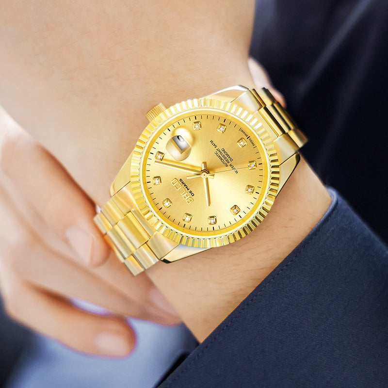 BALCO Gold and Diamond Watch Men's Automatic Watches With 11 Natural Diamond 24K Gold Wristwatch