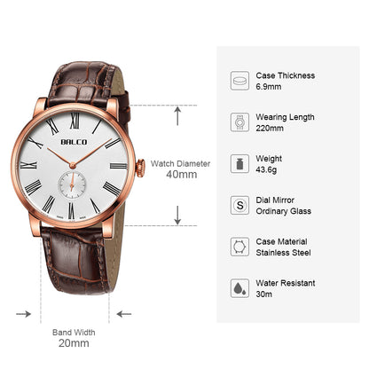 BALCO Men Quartz Watch Leather Business Wristwatch 40mm