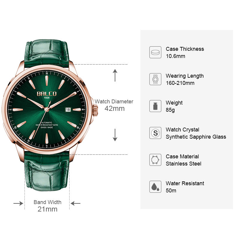 BALCO Men Leather Watches-Green Dial, Calendar Fashion Watch for Work
