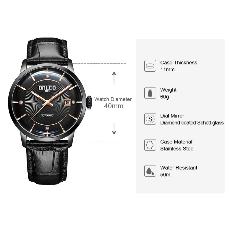 BALCO Swiss Automatic Watch for Men-Leather Strap, Trendy Watches for His