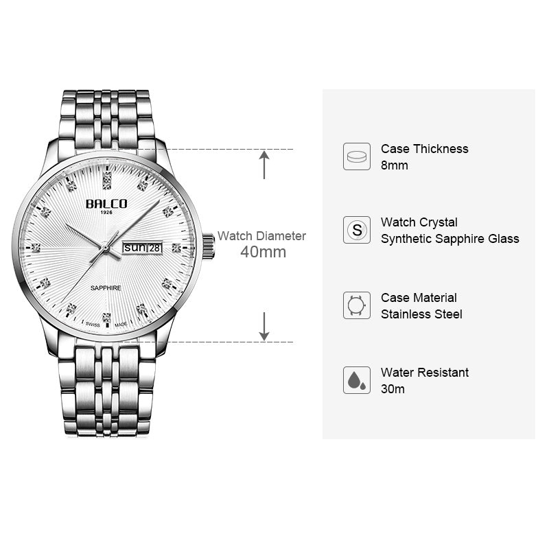 BALCO Men Quartz Wristwatches-Sapphire Glass, Zircon Dial,Simple Style for Fomal Wear