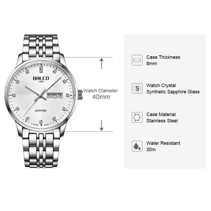 BALCO Men Quartz Wristwatches-Sapphire Glass, Zircon Dial,Simple Style for Fomal Wear