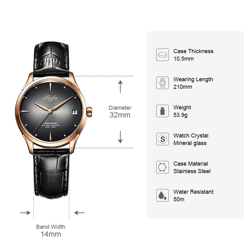 BALCO Women's Mechanical Watches Simple Leather Wristwatches
