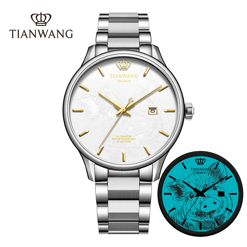 TIAN WANG Men Luminous Watches 18K Gold Logo Chinese Zodiac Mechanical Wristwatches GS51524