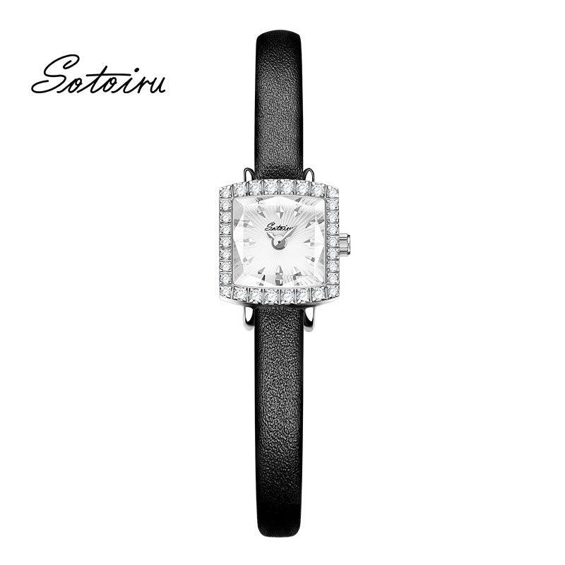 Sotoiru Minimalist Square Women's Watch with Black Leather Strap.