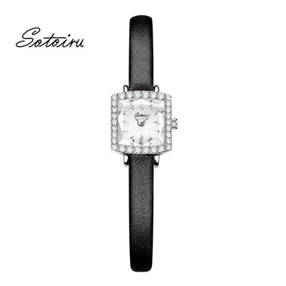 Sotoiru Minimalist Square Women's Watch with Black Leather Strap.