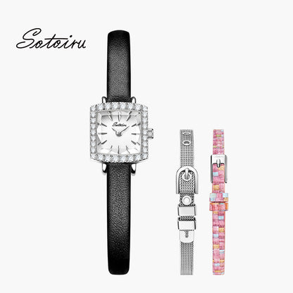 Sotoiru square watch with interchangeable strap in silver and pink