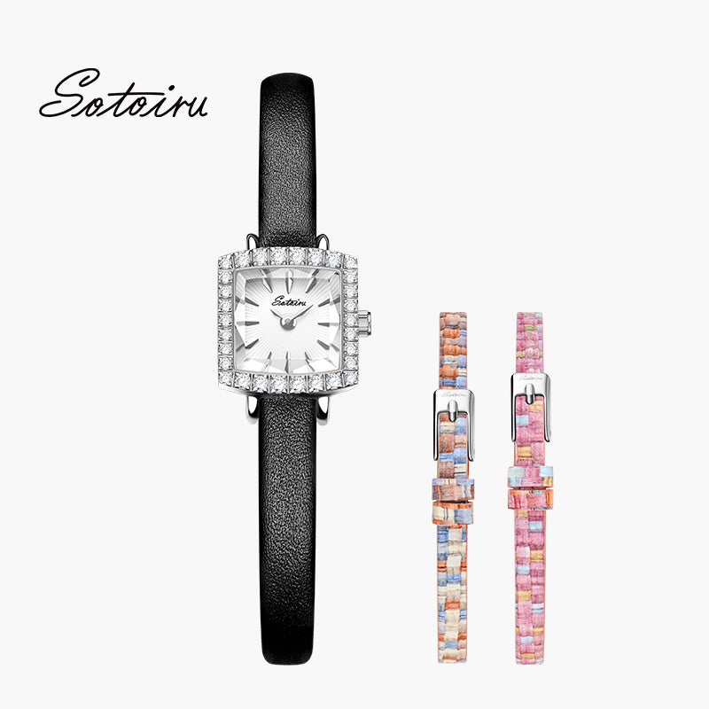 Sotoiru square watch with interchangeable strap in orange and pink