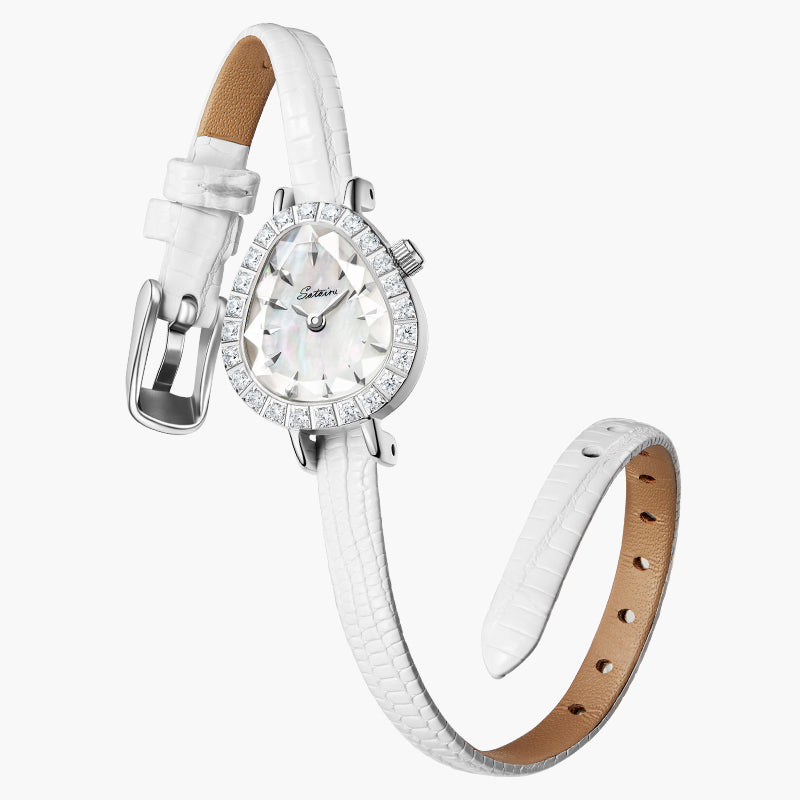 Sotoiru luxury women's dewdrop watch: white croc-embossed slim leather strap, silver zircon-set bezel, mother-of-pearl dial, and faceted crystal glass.