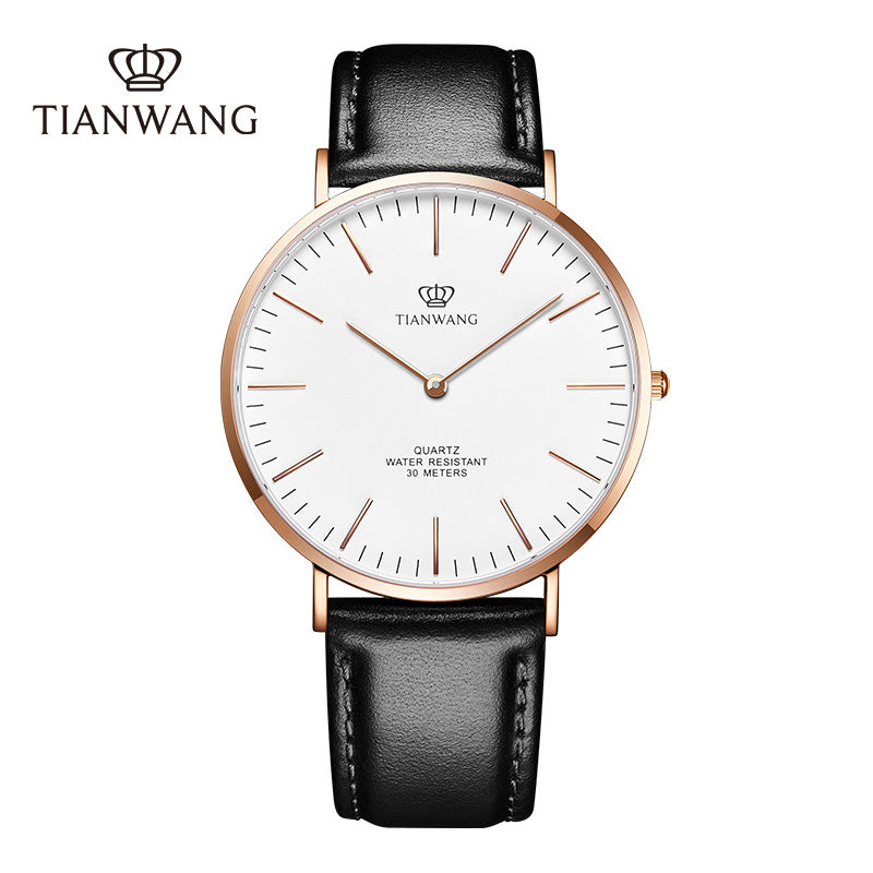 TIANWANG Men's Minimalist Quartz Watch Black Leather Rose Gold Bezel