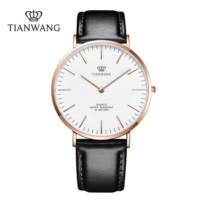 TIANWANG Men's Minimalist Quartz Watch Black Leather Rose Gold Bezel