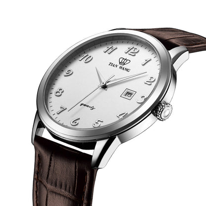 TIANWANG_Men_Quartz_Watch_Date_Display_Brown_Strap