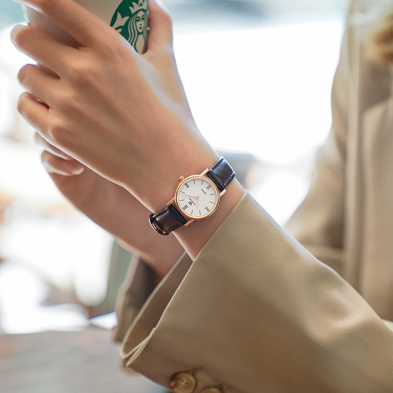 Rose Gold Roman Numeral Dial Leather - Strap Women's Wristwatch