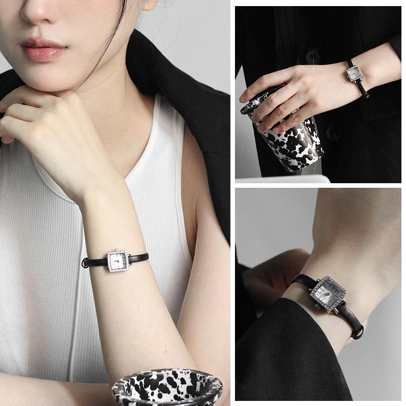 Model Wearing Elegant Black Leather Square Watch