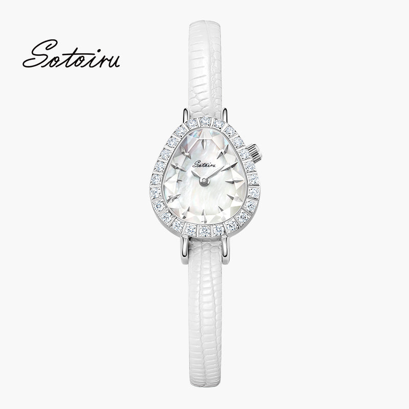 Sotoiru women's watch with dew-drop shaped case and mother-of-pearl dial