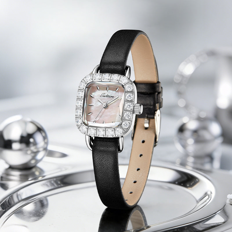 Close-up of Sotoiru women's watch with rectangular zircon bezel