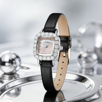 Close-up of Sotoiru women's watch with rectangular zircon bezel