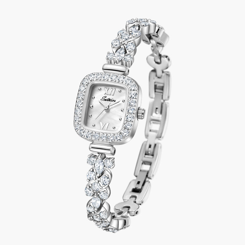 Angled view of Sotoiru square watch with zircon bracelet