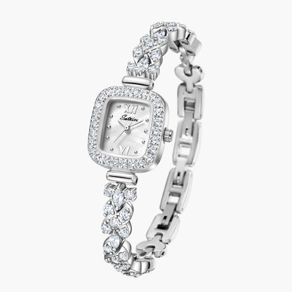 Angled view of Sotoiru square watch with zircon bracelet