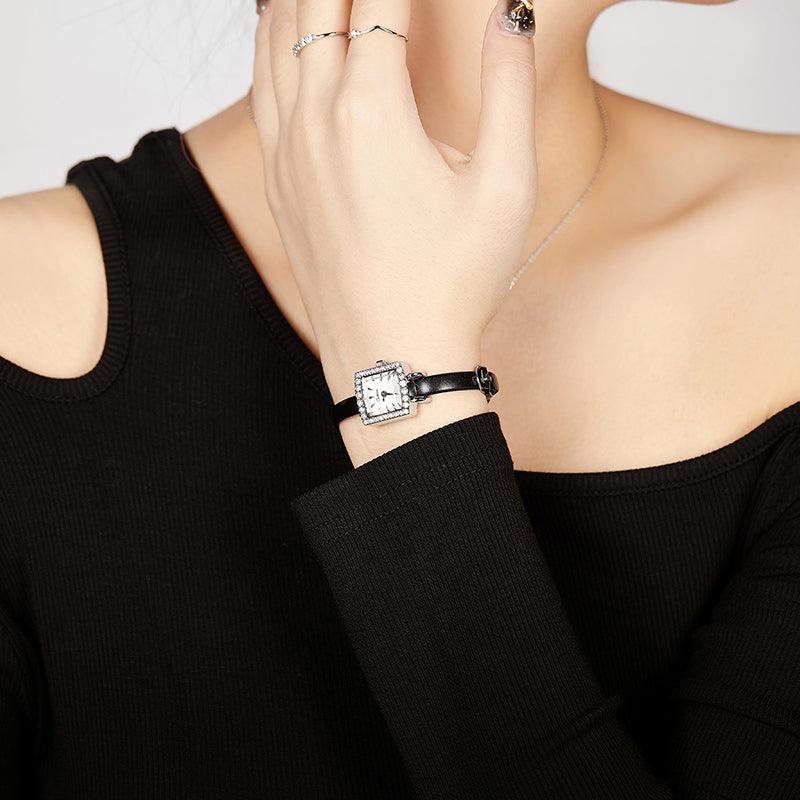 closeup of Daily wear leather strap watch on wrist